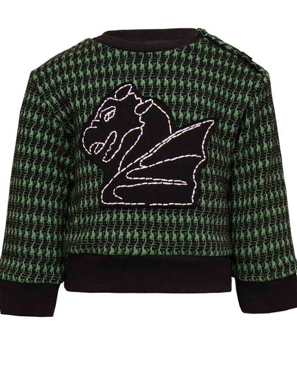 Black and green pied de poule Baby Sweatshirt with Dragon Appliqué-0