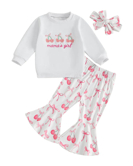 Toddler Girls Adorable Clothing Set with Cherry Embroidery Sweatshirt Bow Print Flared Pants and Matching Headband - 3 Piece