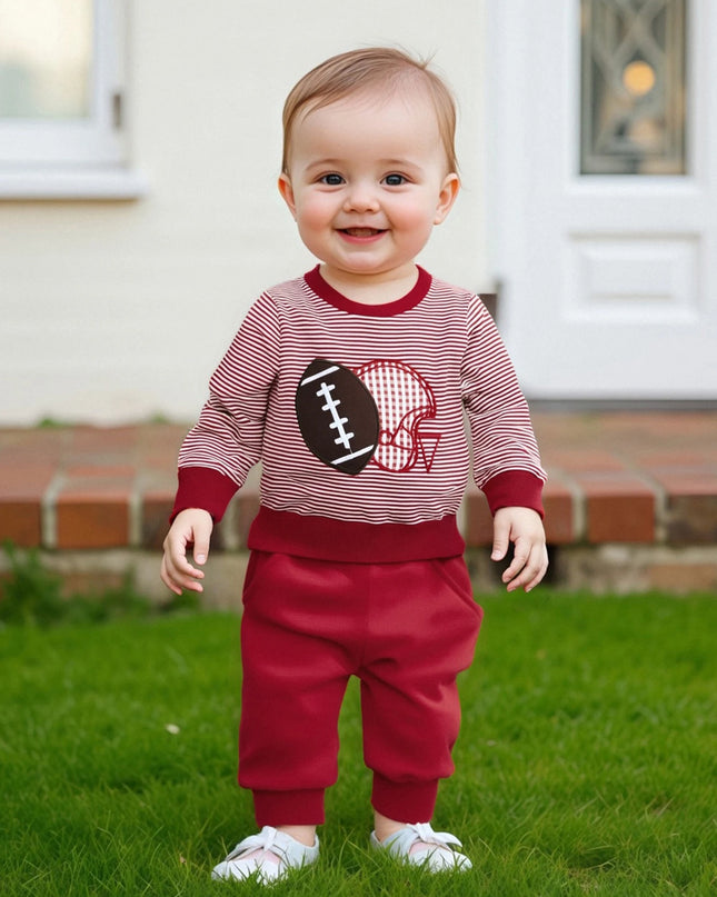 Baby Jungen Herbst-Set – Gestreiftes Sweatshirt mit Rugby-Stickerei & Hose, 2-teilig