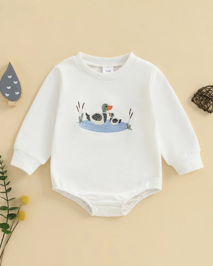 Infant Boys Fall Overalls with Long Sleeves and Crew Neck Featuring Adorable Duck Embroidery on Sweatshirt Style Romper