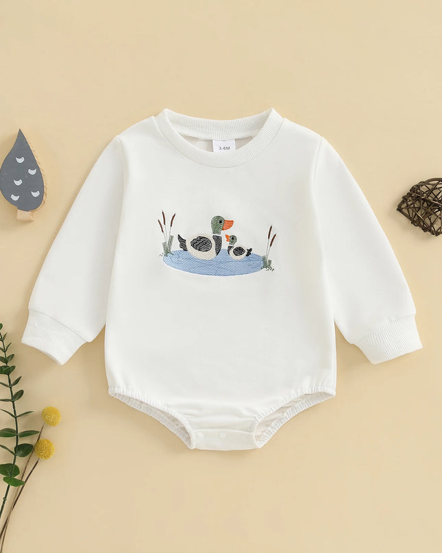 Infant Boys Fall Overalls with Long Sleeves and Crew Neck Featuring Adorable Duck Embroidery on Sweatshirt Style Romper