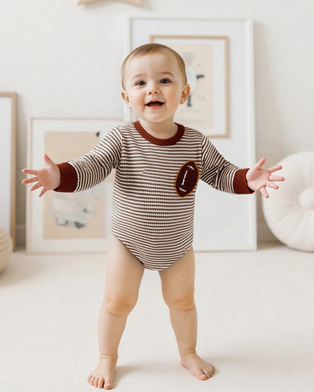 Infant Boys Fall Sweatshirt  with Long Sleeves Crewneck Rugby Embroidery and Striped Design for Autumn