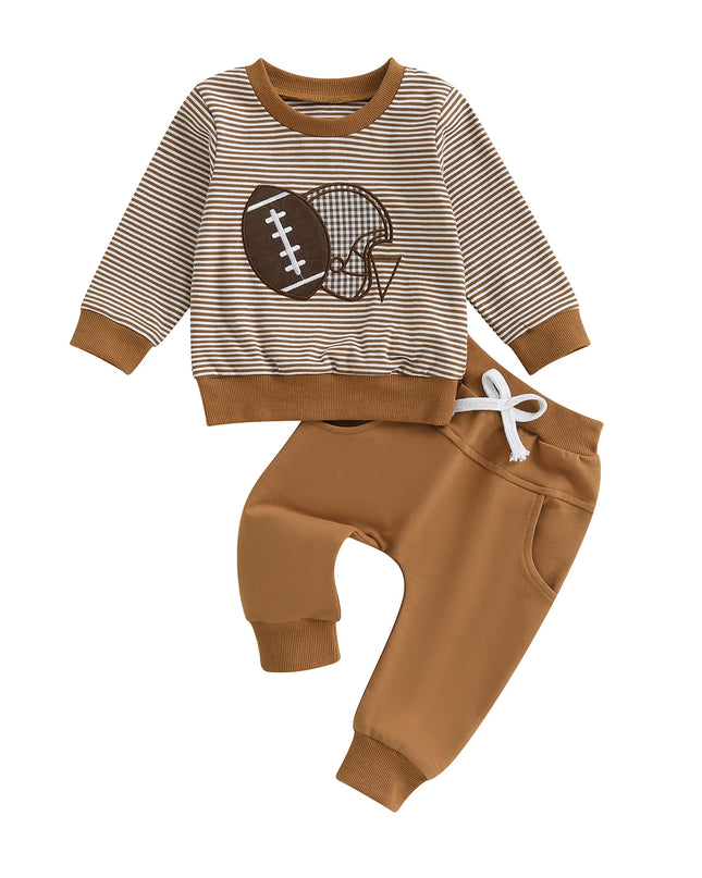 Baby Jungen Herbst-Set – Gestreiftes Sweatshirt mit Rugby-Stickerei & Hose, 2-teilig