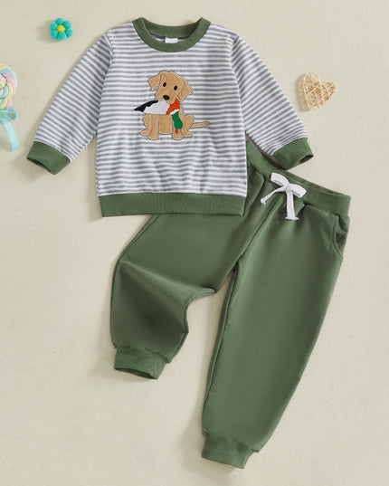 Boys 2-Piece Set Stylish Long Sleeve Striped Embroidery Dog Sweatshirt with Elastic Waist Sweatpants for Fall Fashion