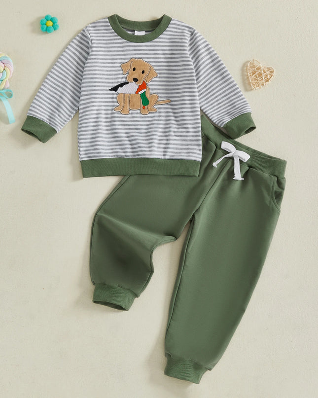 Boys 2-Piece Set Stylish Long Sleeve Striped Embroidery Dog Sweatshirt with Elastic Waist Sweatpants for Fall Fashion