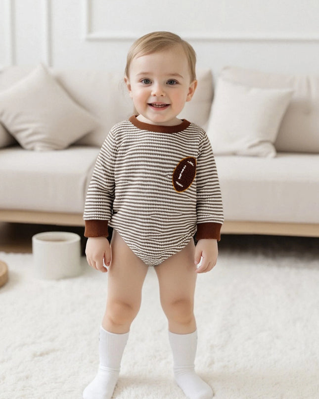 Infant Boys Fall Sweatshirt  with Long Sleeves Crewneck Rugby Embroidery and Striped Design for Autumn