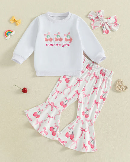 Toddler Girls Adorable Clothing Set with Cherry Embroidery Sweatshirt Bow Print Flared Pants and Matching Headband - 3 Piece