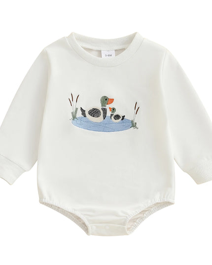 Infant Boys Fall Overalls with Long Sleeves and Crew Neck Featuring Adorable Duck Embroidery on Sweatshirt Style Romper