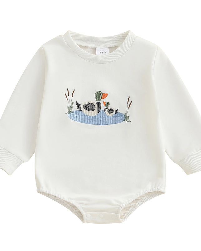 Infant Boys Fall Overalls with Long Sleeves and Crew Neck Featuring Adorable Duck Embroidery on Sweatshirt Style Romper