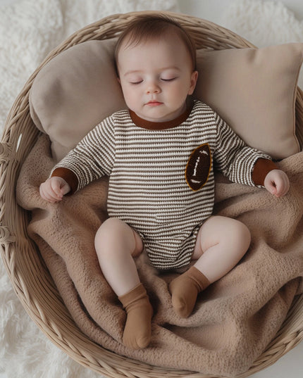 Infant Boys Fall Sweatshirt  with Long Sleeves Crewneck Rugby Embroidery and Striped Design for Autumn