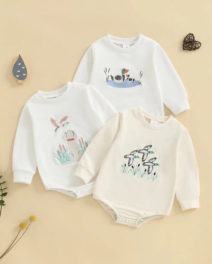 Infant Boys Fall Overalls with Long Sleeves and Crew Neck Featuring Adorable Duck Embroidery on Sweatshirt Style Romper