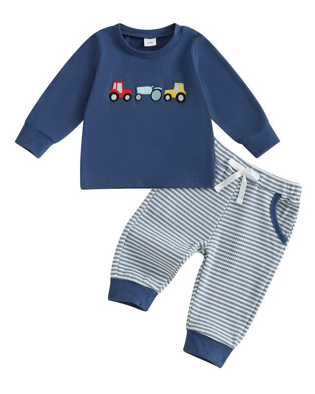 Boys Autumn Clothing Set with Car Embroidered Sweatshirt and Striped Pants - 2 Piece Outfit for Toddlers