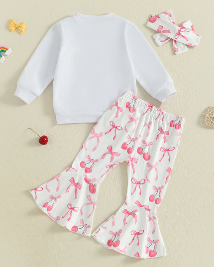 Toddler Girls Adorable Clothing Set with Cherry Embroidery Sweatshirt Bow Print Flared Pants and Matching Headband - 3 Piece