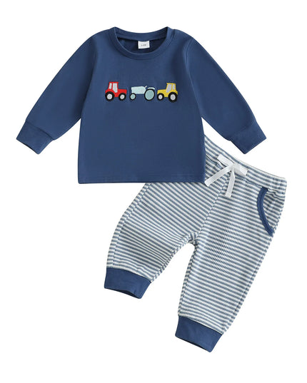 Boys Autumn Clothing Set with Car Embroidered Sweatshirt and Striped Pants - 2 Piece Outfit for Toddlers