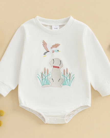 Infant Boys Fall Overalls with Long Sleeves and Crew Neck Featuring Adorable Duck Embroidery on Sweatshirt Style Romper