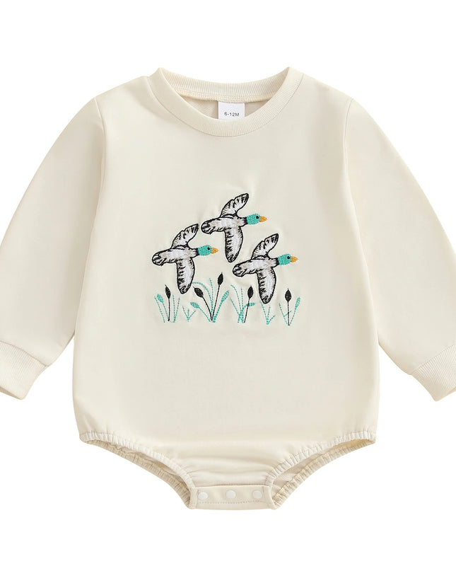 Infant Boys Fall Overalls with Long Sleeves and Crew Neck Featuring Adorable Duck Embroidery on Sweatshirt Style Romper