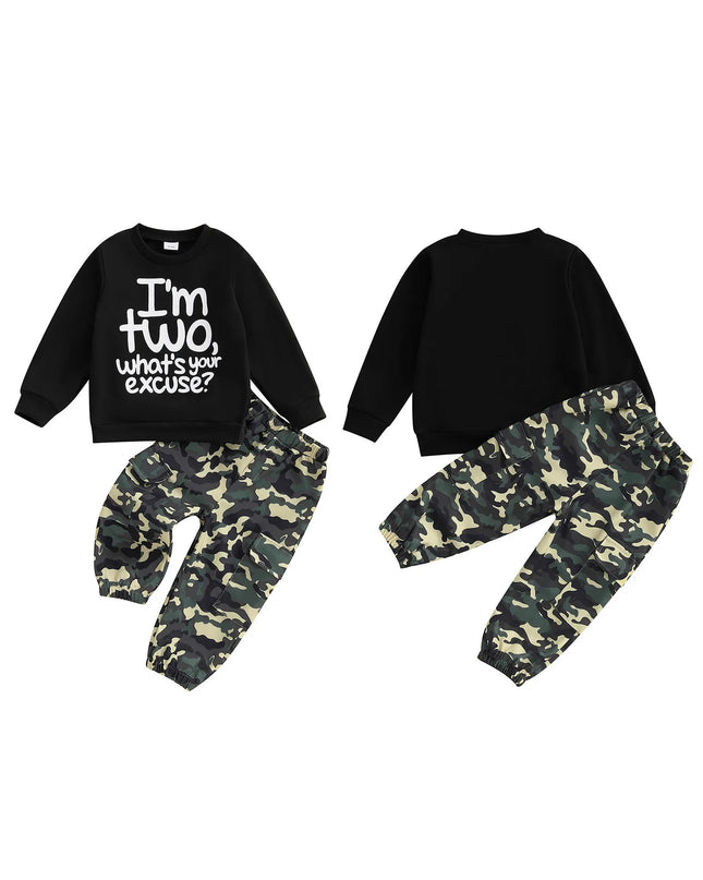 Toddler Boy Autumn Birthday Set with Letter Print Sweatshirt and Camo Pants Long Sleeve Outfit for Fall Celebration