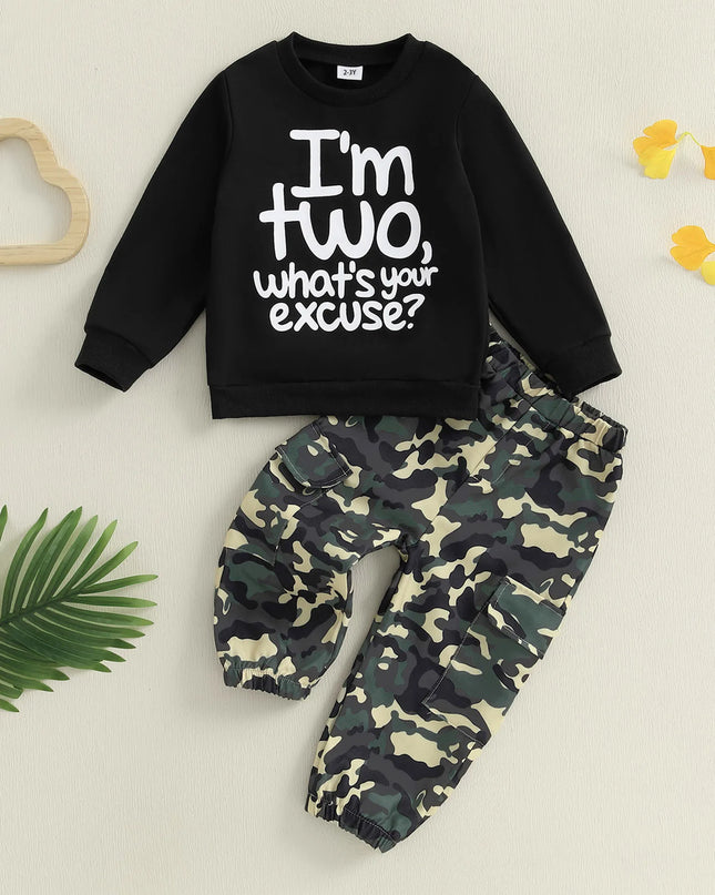 Toddler Boy Autumn Birthday Set with Letter Print Sweatshirt and Camo Pants Long Sleeve Outfit for Fall Celebration
